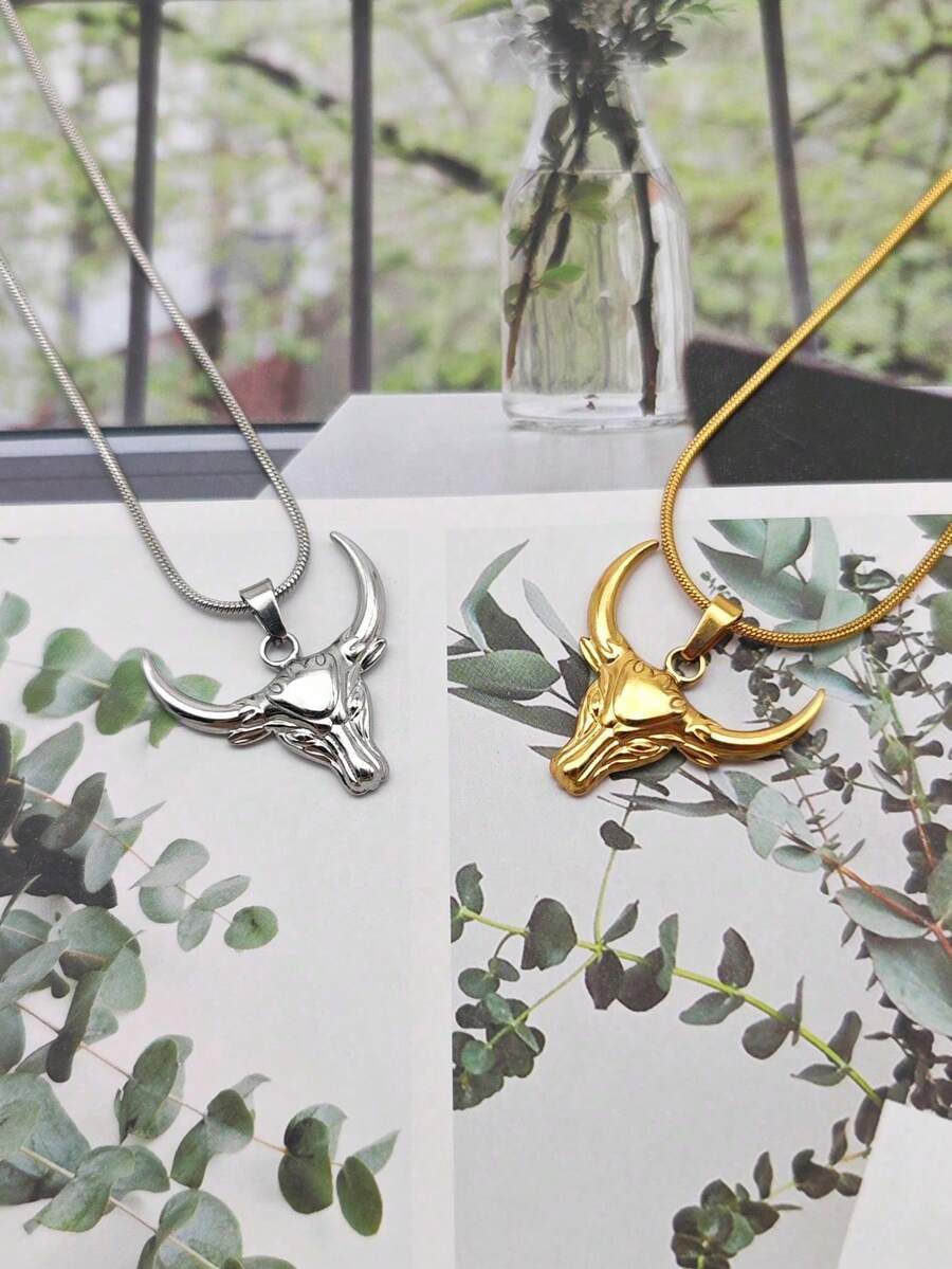 1pc Fashionable Versatile Ox Head Minimalist Luxury Stainless Steel Pendant Necklace, Suitable For Couples - Bull Head - View 1