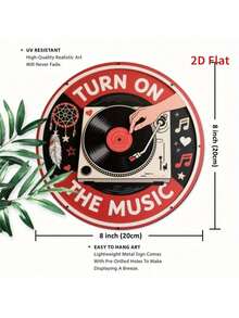 Vintage Metal Tin Sign, Retro Round Turn On Music DJ Turntable Wall Decor, 7.8 Inch 2D Flat Art For Home Garage Cafe Patio Porch - 彩色 - 查看 3