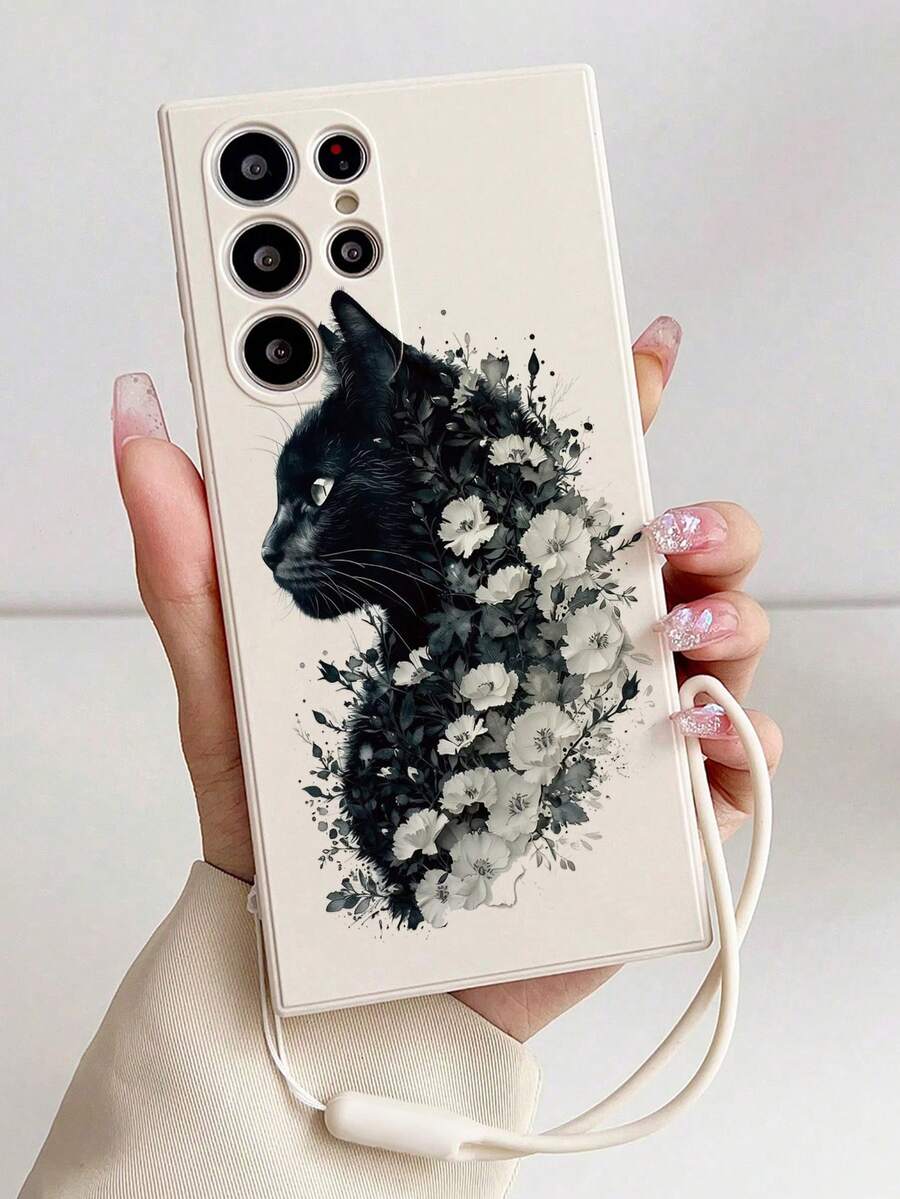 Precision Perforated Floral & Cat Painted Thickened Silicone Wrist Strap + Dual-Layer Painted Shockproof Phone Case Compatible With IPhone 17pro/17Air /17/17promax16/11/16pro/16plus/16promax/16e/15Promax/13/14/12/XS/XR/7G/8P, Galaxy S25/S25PLUS/S25 Ultra/A16/A36/A26/A56/A50/A12/A32 - Multicolor - View 1