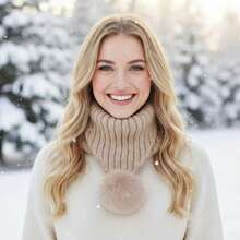 Womens Winter Knitted Scarves Two Ways To Wear Stylish Solid Color Plush Ball Ribbed Warm Hat - Khaki - View 2