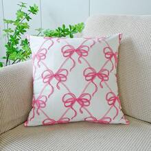 1pc Bow Embroidered Decorative Pillow Cover, Ins Style Living Room Sofa Cushion Cover With Bow Embroidery And Printed Design, Dual Craftsmanship Pillow Sham For Window Seat, Headboard, Valentine's Day, Wedding, Without Insert - Multicolor - View 10