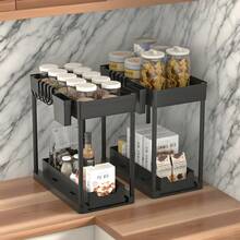 2-Piece Sink Under-Sink Storage Rack, Two-Tier Kitchen Cabinet Storage Rack, Double-Layer Sliding Cabinet Basket Storage Drawer, Multi-Functional Bathroom Collection Basket In Black, Suitable For Bathroom And Kitchen Countertop Under-Sink Storage Rack, Equipped With 10 Hooks And 4 Baskets. - 黑色1件 - 查看 7
