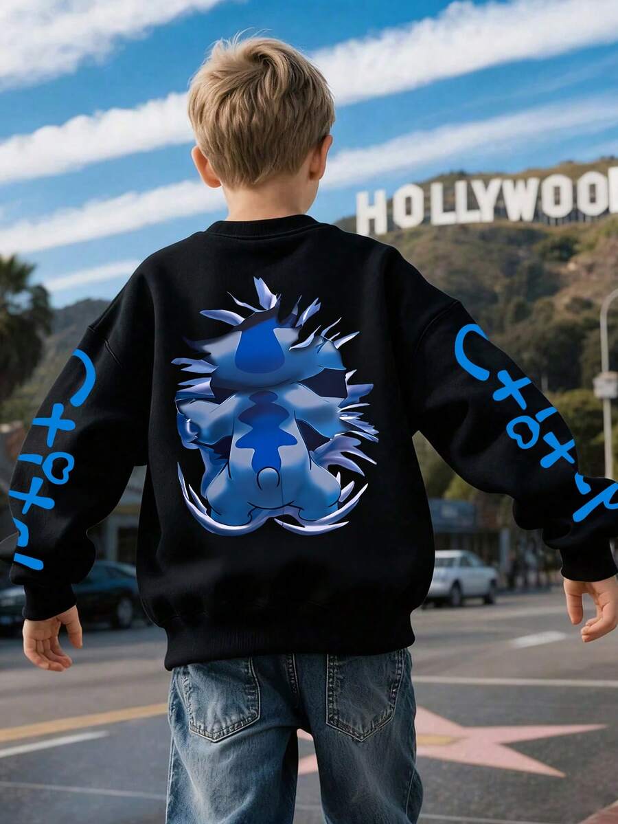 Disney Stitch Creative Multi-Heat-Position Pattern Printed Boys' Hoodies, Autumn And Winter Children's Round-Neck Hoodies, Suitable For Daily Commuting, School, And Casual Sportswear For Both Boys And Girls. Long-Sleeved Tops Are Suitable For Holiday Parties, Outdoor Activities And Travels. - Black - View 1