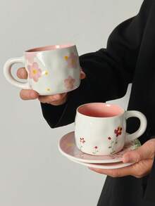 1pc Hand-Painted Floral Pink Ceramic Coffee Cup & Saucer Set, Elegant Sakura Sunset Pattern Coffee Cup & Saucer - Multicolor - View 2