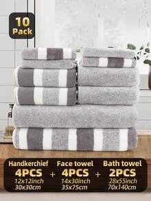 10件套 | 条纹纯色珊瑚绒毛巾套装，[4条面巾+4条手巾+2条浴巾] / 10条面巾，速干、柔软舒适、吸水性强，适用于洗脸、擦手、擦头发、沐浴，适合居家、酒店、厨房、浴室、泳池、旅行、SPA、瑜伽、情人节礼物及其他日常浴室用品。 - 彩色 - 查看 9