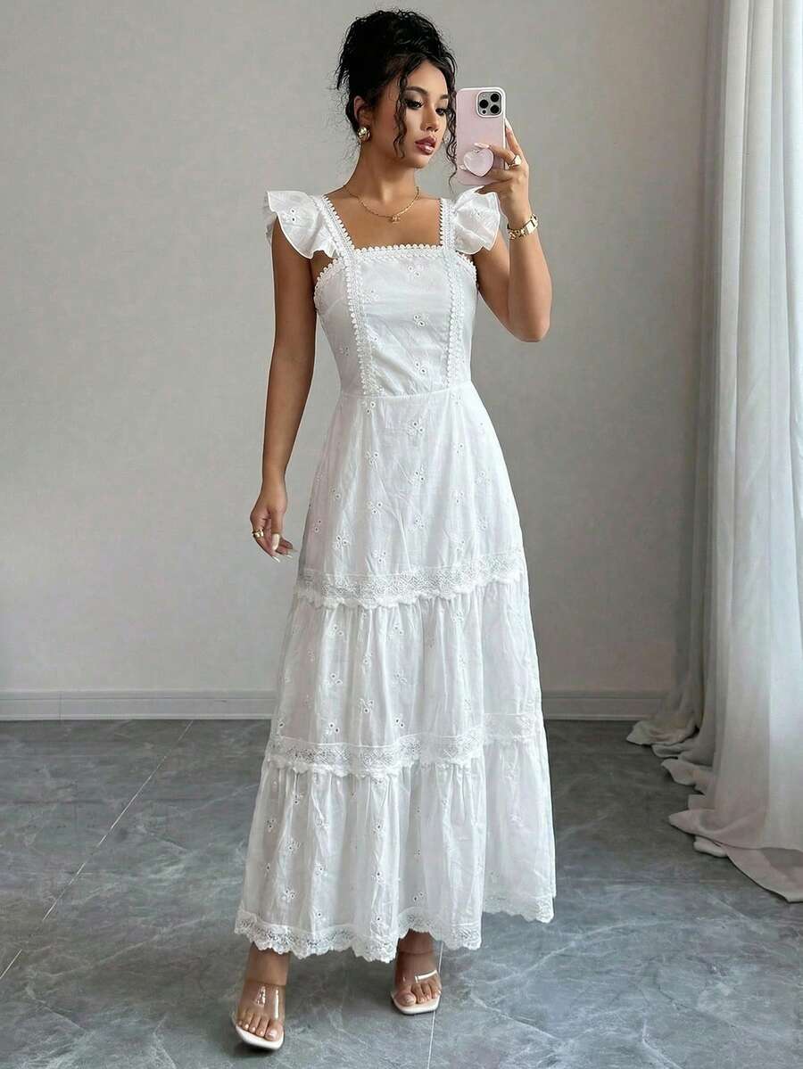 Elegant Women's Maxi Dress, Fitted At The Waist And Flared, With A Square Neckline, Puff Sleeves, And Delicate Embroidery. Made From A Medium-Stretch Fabric, Ideal For Summer. - 白色 - 查看 1
