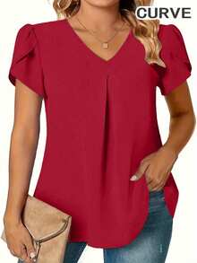 Plus Size Women V-Neck Solid Color Petal Short Sleeve Blouse Summer - Red - View 1