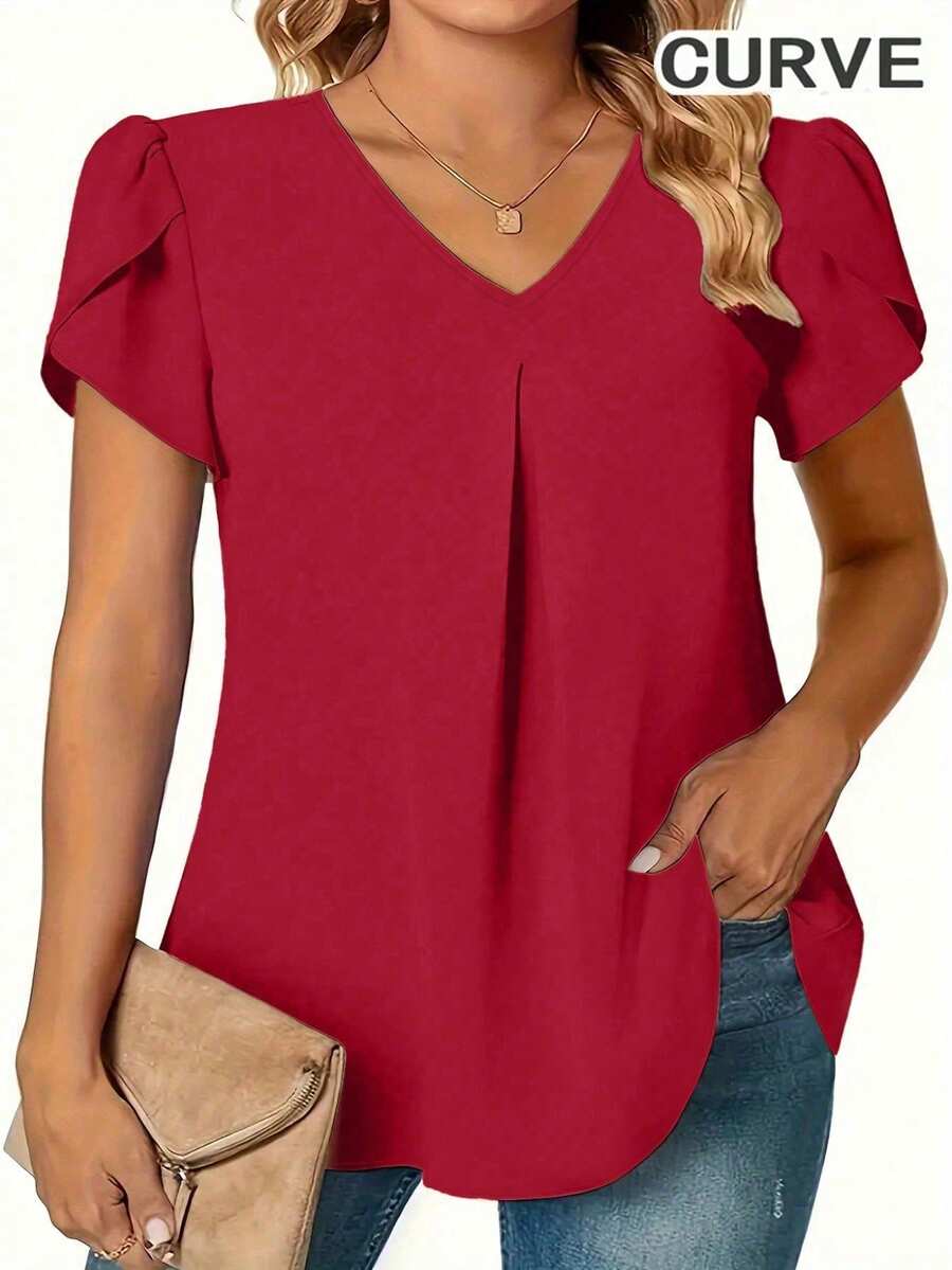 Plus Size Women V-Neck Solid Color Petal Short Sleeve Blouse Summer - Red - View 1