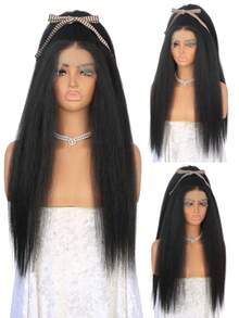 Kinky Straight Wigs Long Black Yaki Straight Wigs For Black Women Lace Front Wigs 13x4 Free Part Afo Kinky Straight Wig Pre Plucked Hairline Heat Resistant Fiber 24 Inch - Black Brown - View 13