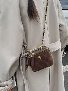 Woven Texture Handbag Women, Chain Strap Crossbody Square Bag, Versatile Beach Vacation Bag, Spring/Summer - Coffee - View 4