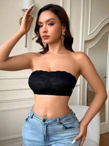 女士无肩带文胸，侧边纽扣设计，无衬垫，蕾丝边饰 - 适合日常穿着及特殊场合（仅限手洗） - 黑色 - 查看 5