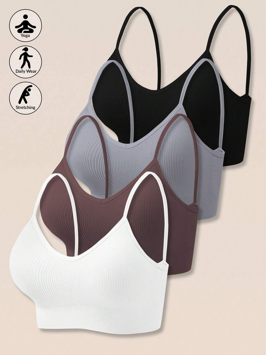 4件套女士无缝条纹吊带背心式无钢圈文胸，性感舒适加厚内衣