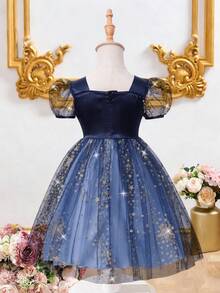 女童缎面星星拼接网纱公主裙，春秋季 - 藏蓝色 - 查看 2