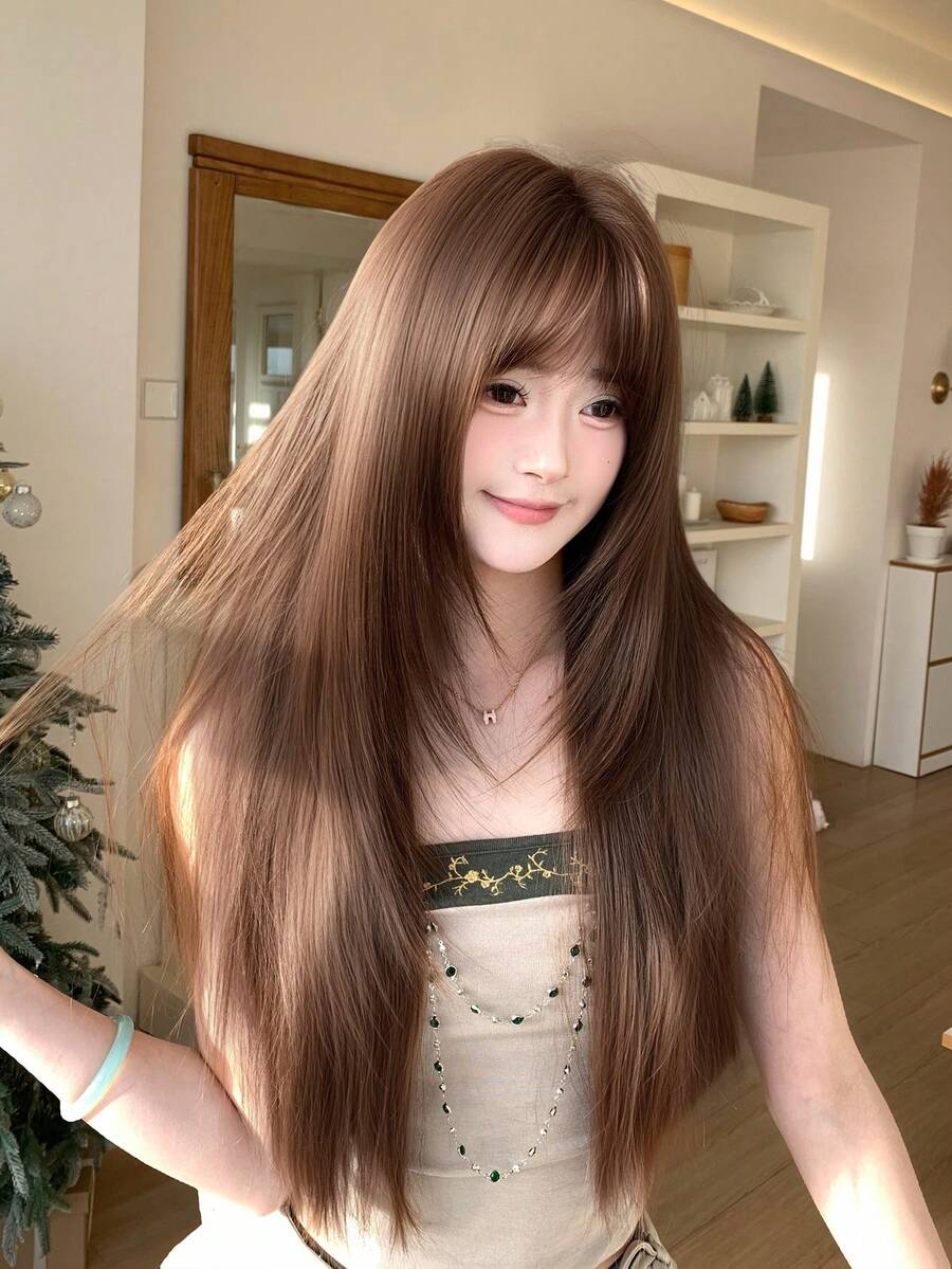 SHUDUO 1 Synthetic Heat-Resistant Straight Brown Wig, Made Of Fibers, Suitable For Daily Wear, Natural And Realistic (Accessories Not Included) - Brown - View 1
