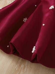 1pc Baby Girls' Beaded Decor Round Neck Puff Sleeve Short Dress, Suitable For Spring/Summer - Burgundy - View 7