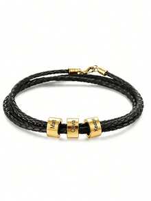 Customized Personalized Men's Leather Bracelet With 1-5 Names, A Dad Bracelet, Father's Day Gift, Christmas Gift For Him, Family Gift, Boyfriend Gift, Valentine's Day Gift, Birthday Gift, Wedding Gift, Groomsmen Gift, Jewelry. - Gold - View 6