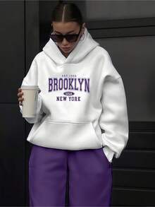2026TC Brooklyn Women's Fashion, Color-Block Printed Hoodie With Letter Pattern Drawstring Casual Street Style Outfit Casual Daily Wear Halloween Costumes, Thanksgiving Clothing, Hoodie Autumn And Winter, Unisex Short Sleeves, Plus Size Fall Clothes, Sweatshirt, Fall Clothes Women,, Printed Clothing - 白色 - 查看 8