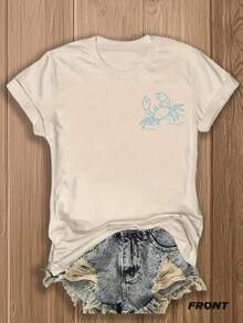 Double-Sided Printing, Ladies' T-Shirts, Ladies' -Blend T-Shirts, Independence Day, Gifts-Crabby Crab Print T-Shirt - Fun & Quirky Beach-Themed Design For Summer Outfits, Perfect For Vacation Wear And Coastal Lovers - 杏色 - 查看 2