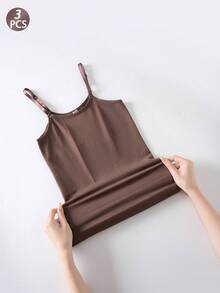 3 piezas Tops de camiseta interior sin costuras de unicolor para mujeres, elásticos y transpirables, para todas las estaciones - Multicolor - Ver 3