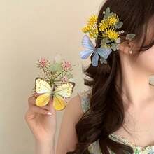 1pcs Elegant Bohemian Style Floral Hair Clip - 3D Simulation Lily Of The Valley & Butterfly Design, Vintage Chinese Retro Palace Hair Accessory For Women, Perfect For Valentine'S Day Or Casual Outfits, Cute Hair Clips, Bohemian Hair Accessories, Retro Hairpiece, Intricate Craftsmanship - 黃色 - 查看 2