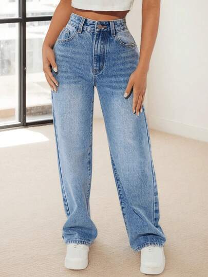 Pantalones vaqueros casuales de pierna recta y corte holgado con bolsillos para mujeres, Jeans diarios simples de unicolor para mujer, Jesns holgados lavados para mujer