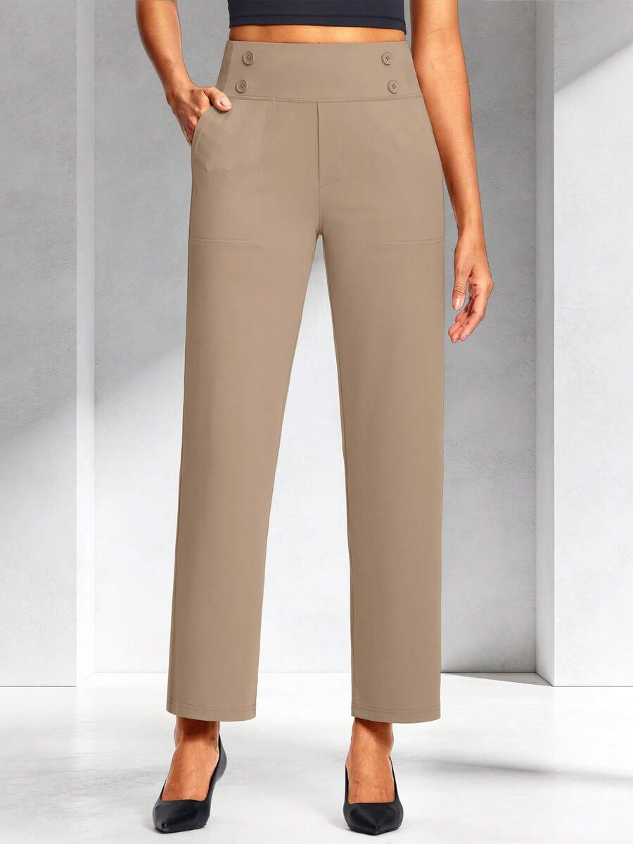 29" Women's Dressy Work Pants High Waist Pull On Wide Leg Slacks Trousers For Women Business Casual - 卡其色 - 查看 1