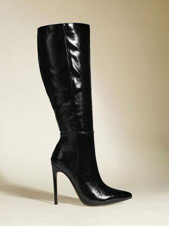 بوت نسائية عالية الكعب ضيقة مع سحاب جانبي ذات أصبع حاد بارز، 12 سم، لون أسود، مناسبة للحفلات والمناسبات الشتوية والمناسبات الرسمية