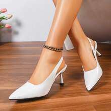 Giày sandal cao gót mũi nhọn mùa hè mới dành cho nữ - Giày lười hở mũi bằng da bóng màu trắng, có quai chun. - trắng - Xem 13