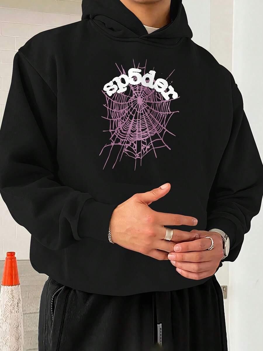 Black Hoodie With White & Pink Spider Graphic Design On Chest - Spider Web With Pink Outline, Stylized 'Spider' Text, Casual Pullover For Everyday Wear, Unique Graphic Hoodie For Fans - 黑色 - 查看 1