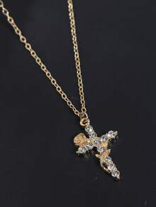 1件时尚玫瑰花缠绕十字架吊坠项链，镶嵌水钻，优雅女士款，适合日常佩戴、派对、赠送朋友和情侣。 - 玫瑰花十字架 - 查看 2