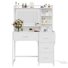 Mesa de Maquillaje con Espejo Cuadrado, Mesa de Tocador Moderna de 35.4" con Estantes y 4 Cajones de Tela, Mesa de Maquillaje para Dormitorio, Regalo Ideal para Niñas - Blanco - Ver 8