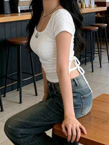 Square Neck Cropped Tie Front T-Shirt For Women - White - View 6