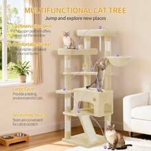 HaluPeit Cat Tree, 153 Cm, Spacious And Stable, With 6 Scratching Posts, 1 Comfortable Large Cat House, 3 Large Platforms, Cat Basket, Pom-Poms, Scratching Board, Beige - Beige - View 4