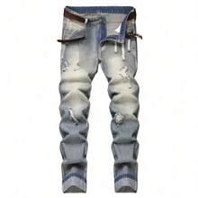 Vaqueros Denim de pernera recta desgastada púrpura Para hombre Pantalones informales de estilo vintage sin cinturón con agujeros - Azul - Ver 5