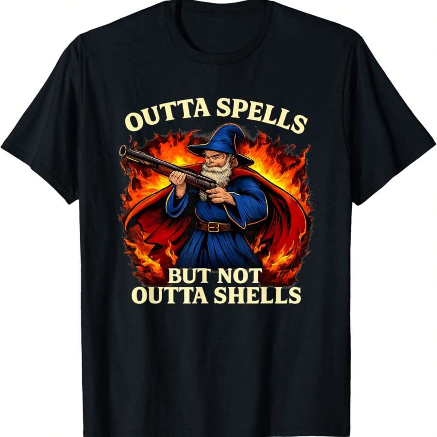 Outta Spells But Not Outta Shells | Wizard Fantasy Meme Joke T-Shirt - Black - View 1