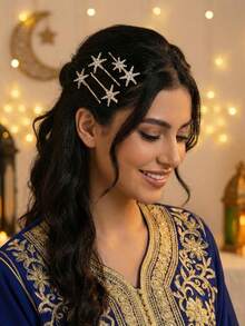 1 Set Sparkling Rhinestone Star & Moon Hair Clips, Geometric Bridal Bridesmaid Headpiece, Music Festival Party Graduation Casual Versatile Barrette, Ramadan Hairpin