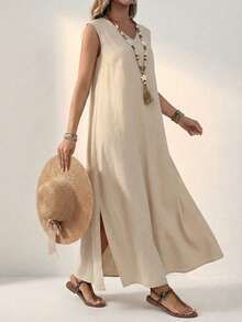女士宽松飘逸长款连衣裙 - 简约无袖V领米色夏季连衣裙，适合海滩、派对和日常穿着 - 米色 - 查看 4