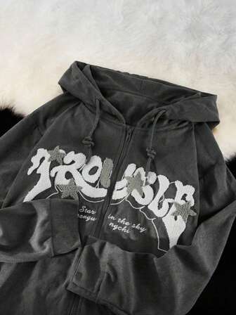 女士休闲宽松字母植绒拉链抽绳连帽卫衣，秋季款