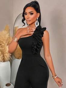 AIJ Amarilo 夏季新款时尚单肩荷叶边弹力连体裤 - 修身上身搭配阔腿裤 - 情人节/外出/鸡尾酒会服装