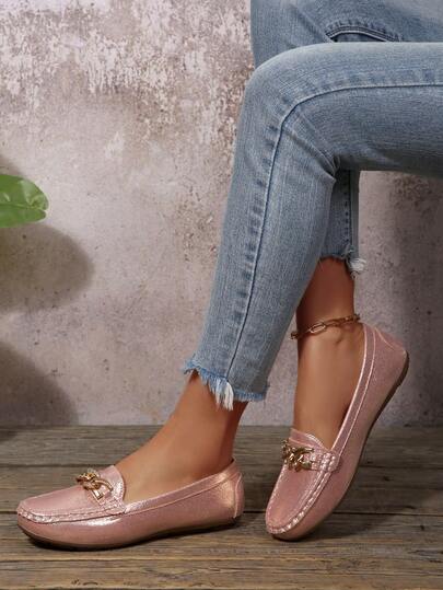 2025Women's Spring New ArrivalTrendsGold Chain Elegant Slip-On Loafers,Lightweight, Comfortable, VersatileRubber Flat Shoes