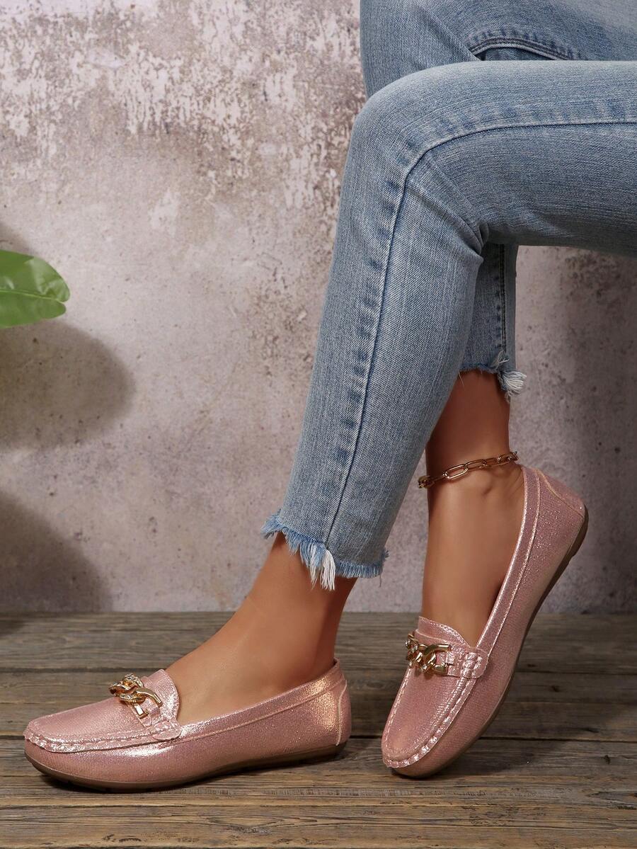 2025Women's Spring New ArrivalTrendsGold Chain Elegant Slip-On Loafers,Lightweight, Comfortable, VersatileRubber Flat Shoes - Pink - View 1