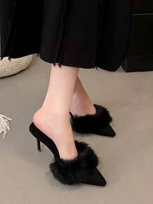 女士纯色高跟穆勒鞋，时尚保暖毛绒套脚尖头无后跟乐福鞋，秋冬新款百搭小猫跟鞋，性感优雅礼服鞋 - 黑色 - 查看 5