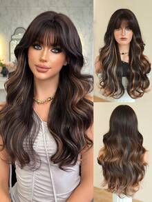 NICKY WALL 26英寸深棕色长卷发合成假发，带自然刘海，金色挑染，柔软耐热纤维假发，女士波浪假发，适合日常、派对、节日等场合佩戴，是馈赠佳品。 - 深棕色 - 查看 4