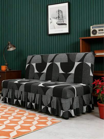 Funda de sofá cama con estampado geométrico en blanco y negro, estilo sencillo sin reposabrazos, de fibra de poliéster, adecuada para todas las estaciones