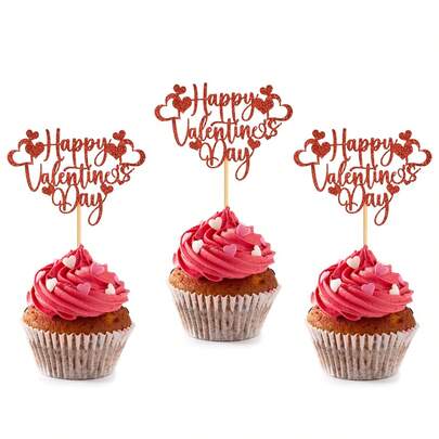 10/20/30pcs Happy Valentine's Day Cupcake Toppers, Red Glitter Heart Cake Inserts, Romantic Dessert Picks For Anniversary, Wedding, Proposal & Love Theme Party Decorations