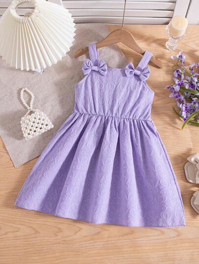 Girls' Casual Solid Color Bow Decor Flared Hem Knee-Length Dress, Suitable For Spring/Summer
