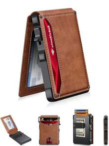 Minimalist Men's Slim Wallet: 9 - 13 Cards, Money Clip, ID Window.RFID - Blocking, Aluminum Bifold - Up - Cà phê - Xem 3
