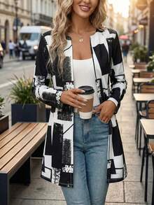 Women's Lightweight Geometric Print Jacket, Long Sleeve, Open Front, Casual/Date/Back To School/Commute, Autumn - Black - View 1