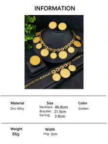 4pcs Fashion Gold-Plated Coin Head Necklace, Earrings, Bracelet, Ring Jewelry Set, Suitable For , African, Middle Eastern, Dubai Bride, Party, Wedding, Christmas, Valentine's Day, Mother's Day, Teacher's Day Gifts - Yellow Gold - View 6