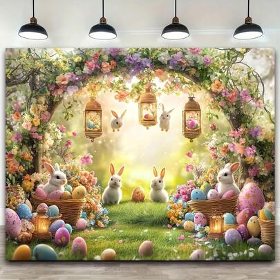 An Easter Bunny Velvet Canvas With Vibrant Spring Design, With Eggs, Flowers And Butterflies, Polyester Wall Hanging, Suitable For Family Party Banners, Various Scenes To Choose From, And Various Sizes To Choose From.